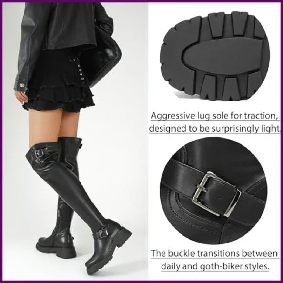 Women's Over The Knee Boots Platform Buckle Lug Sole Stretch Zipper